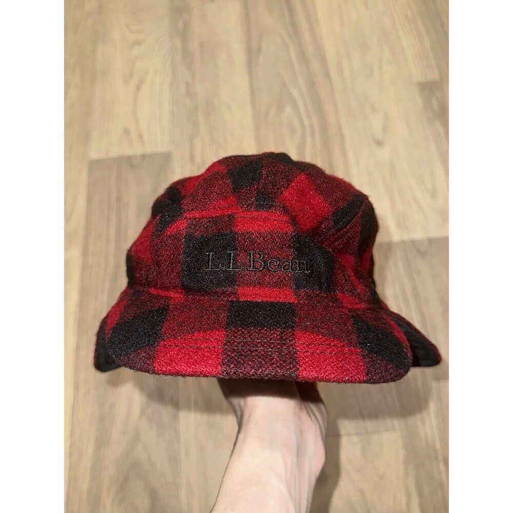 LL Bean Red Buffalo Plaid Wool Guide Flap Hat With PrimaLoft Insulated Size S